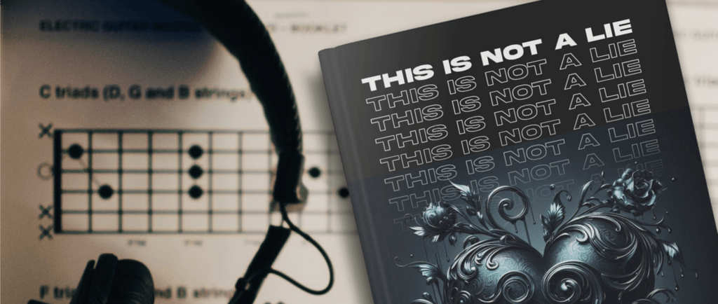 A book with a black cover featuring a black romantic heart lying on a sheet of music next to a pair of headphones