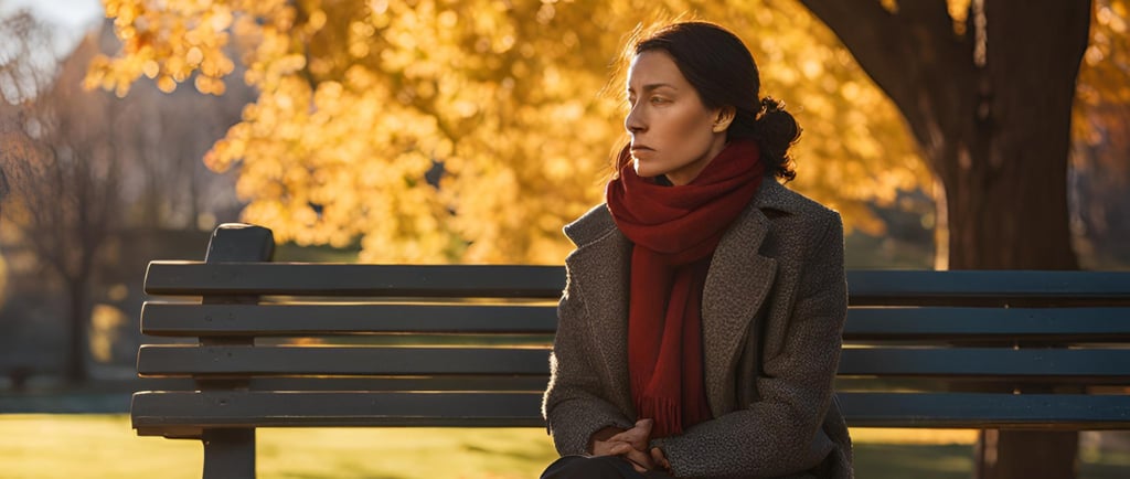 a woman sitting on a bench in a park