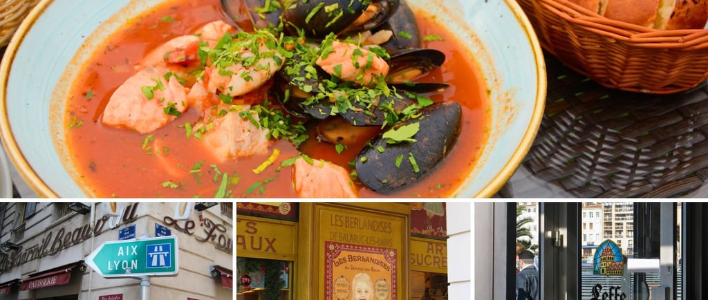 Colagem de ruas de Marselha com pâtisseries, cafés, bistrôs e a famosa bouillabaisse