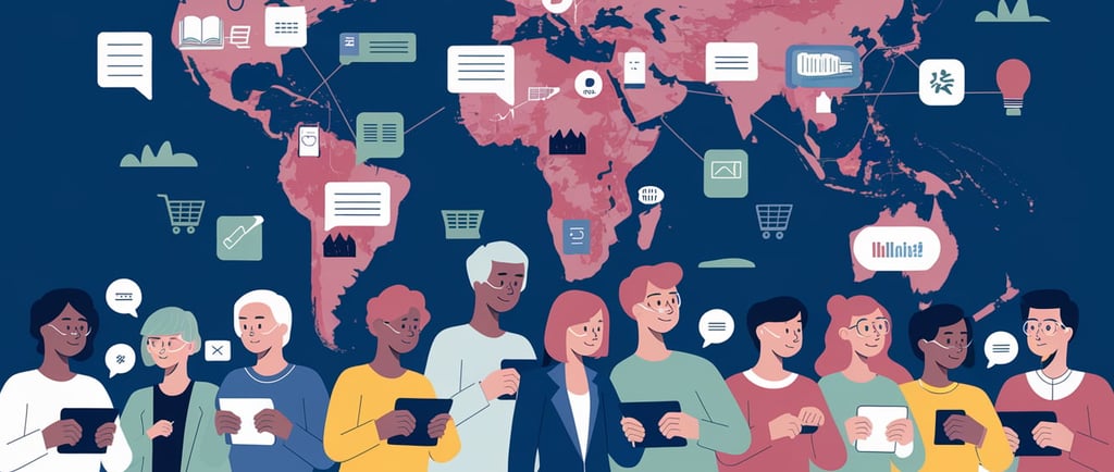 a group of people standing around a world map