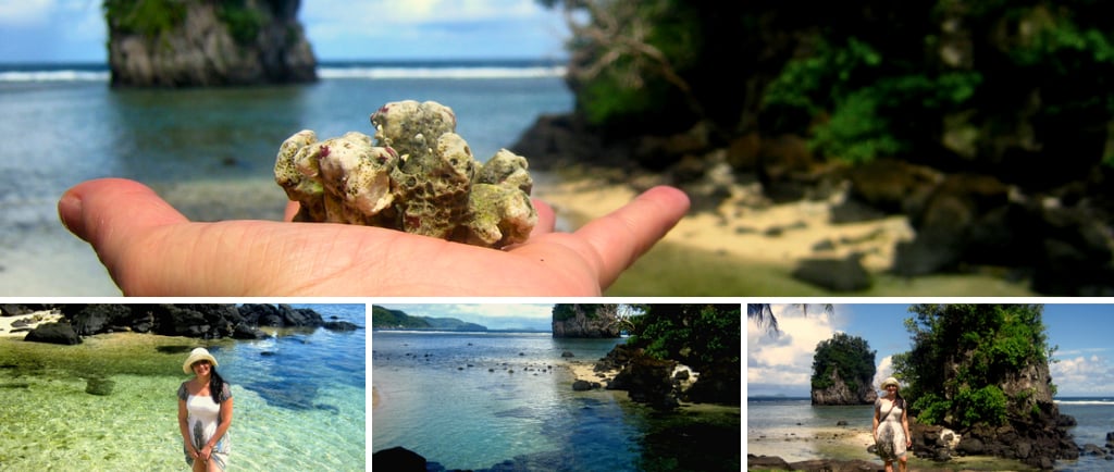 Autora visitando o Fatu-ma-Futi, com ângulo que destaca o icônico cartão-postal de Pago Pago e o mar azul ao redor.
