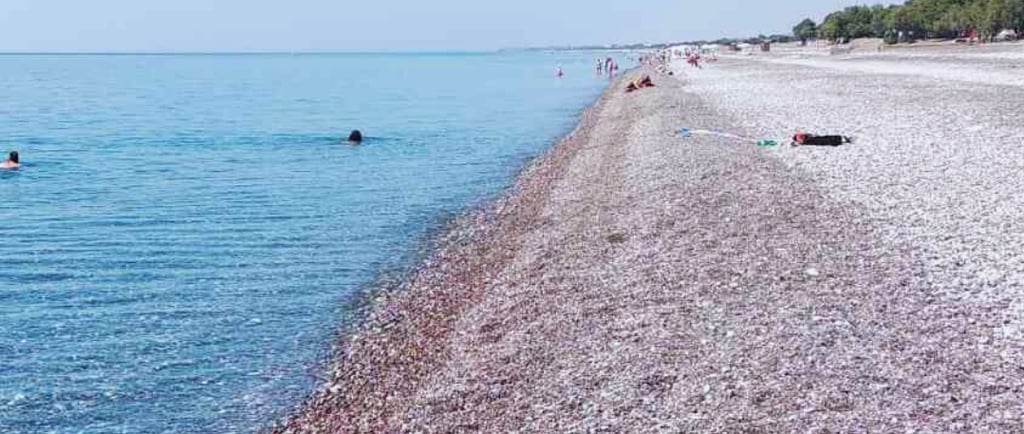 a beach with people swimming in the water