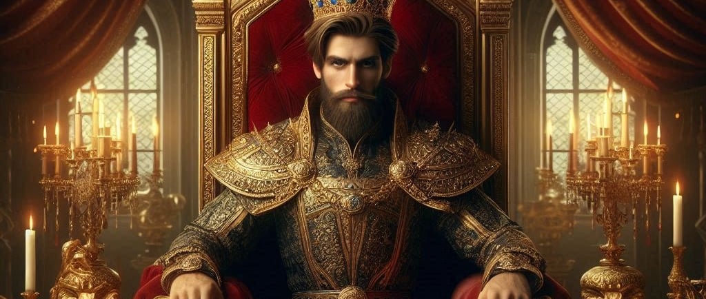 a man in a crown sitting on a throne