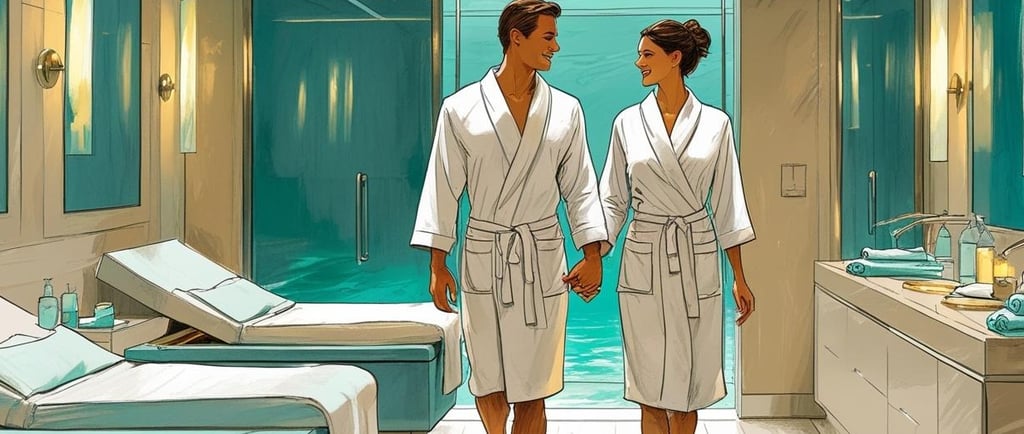 Casal relaxando no spa de um navio de cruzeiro, utilizando o OBC para tratamentos de bem-estar.