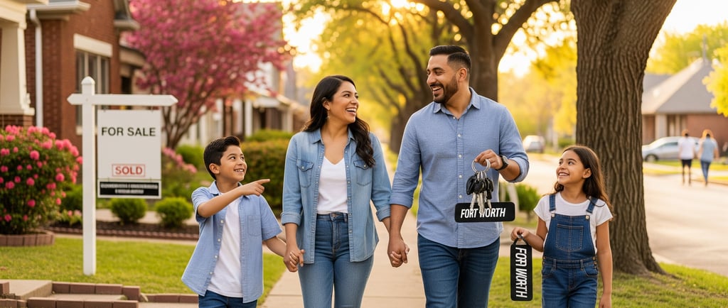 a family walking down a sidewalk with a sign that says for sale