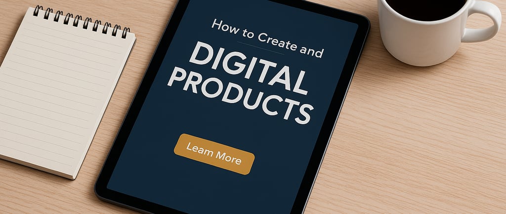 Tablet with "Digital Products" on screen, coffee and notepad nearby
