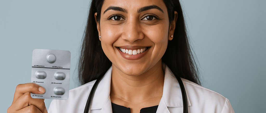 Dr. Divya smiling in a white coat, holding abortion pills