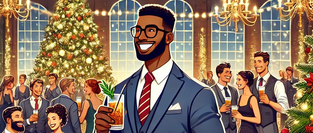 a man in a suit and tie standing in front of a christmas tree