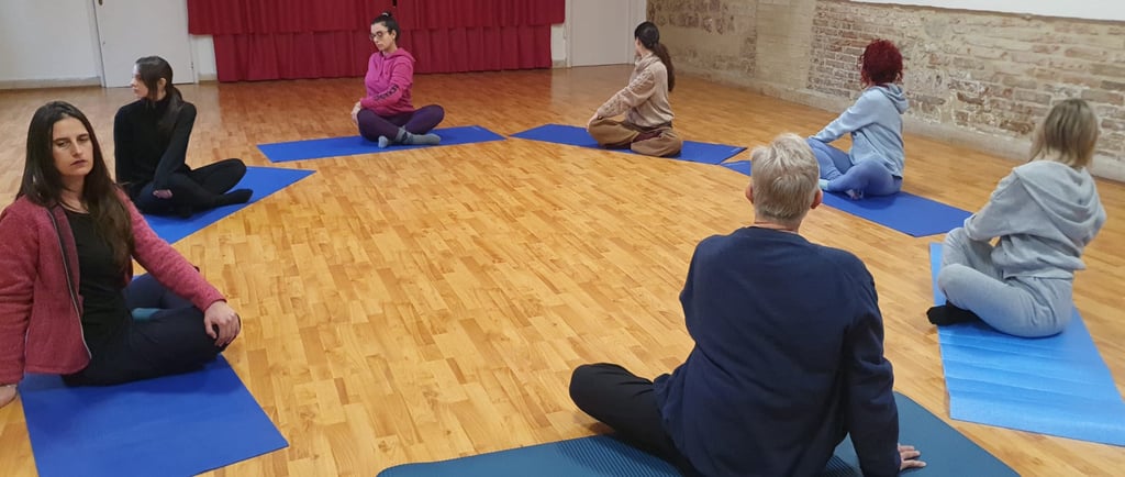 a group of people sitting on yoga mats in a circle, classe di esercizi di bioenergetica