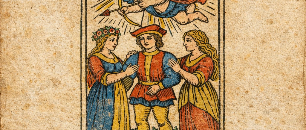 Carte L'Amoureux du Tarot de Marseille (XVIIe siècle) montrant un homme entre deux femmes et un ange