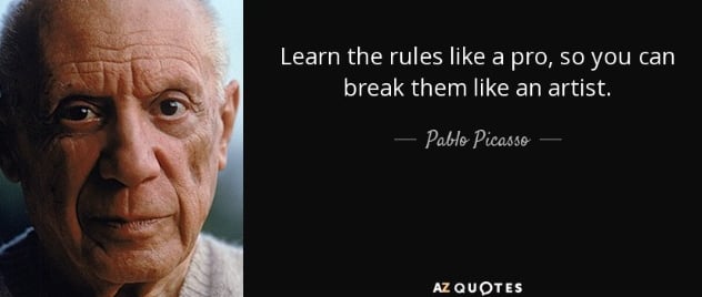 Photograph of an elderly, balding Pablo Picasso alongside one of his quotes about art