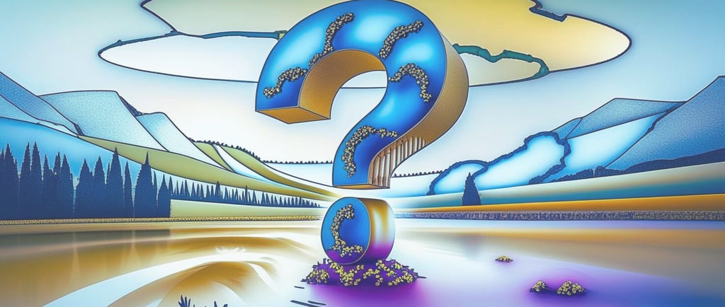 A large stylised question mark symbol rising out of a lake