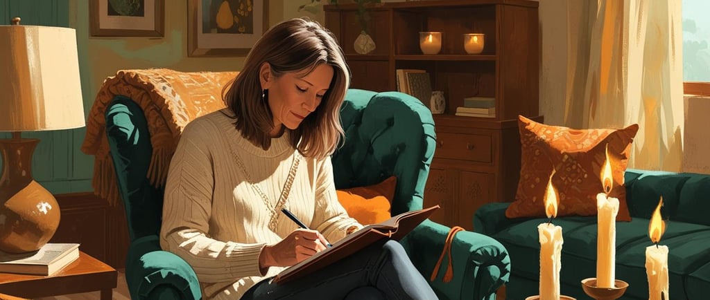 Woman in armchair writing a book
