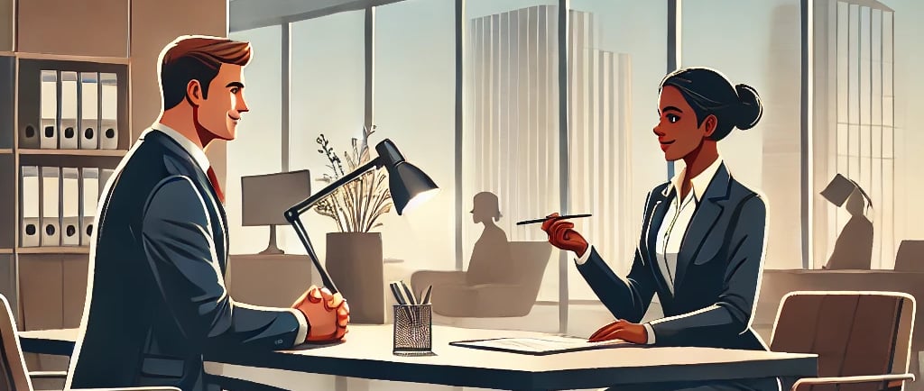 a man and woman sitting at a table with a cup of coffee