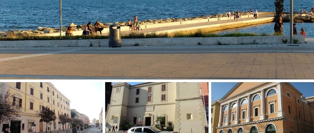 Paisagem do centro histórico de Civitavecchia com o mar, ruas e edifícios antigos