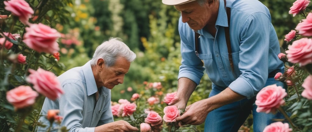 two gardeners looking at their flowers 