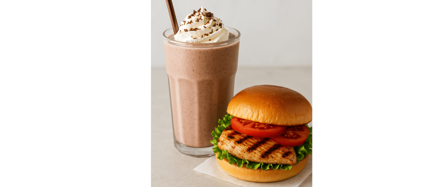 Grilled chicken sandwich with a chocolate shake.