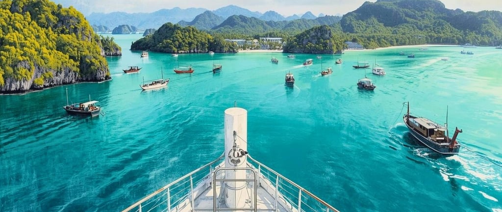 Navio de cruzeiro navegando em águas calmas do Mar de Andaman próximo a Phuket.