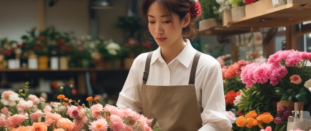 japanese florist taking stock of flowers