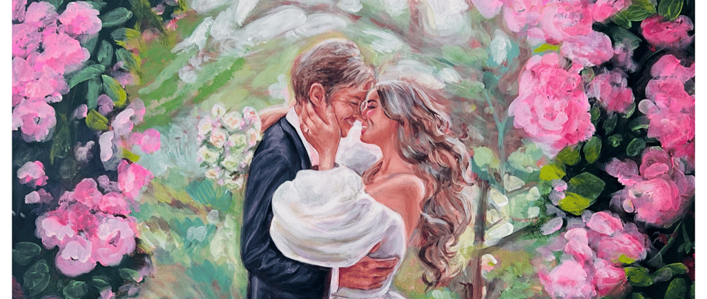 LIve wedding painting of a happy couple about to kiss 