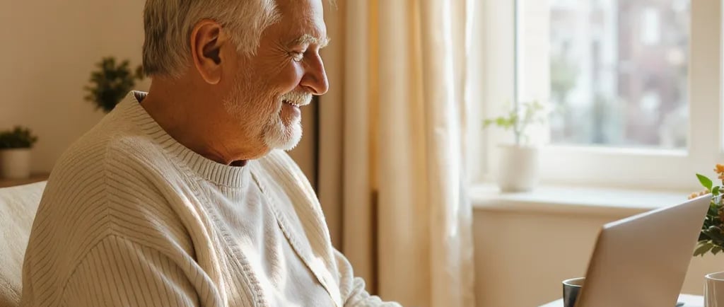 Warm, reassuring photo of a senior using their computer in their bedroom
