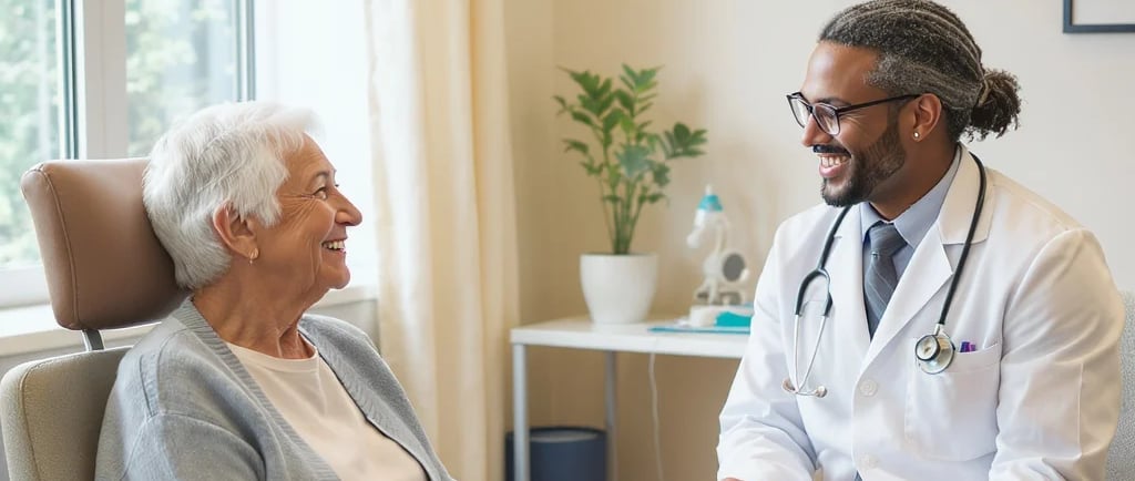 Photo of a senior consulting with a healthcare professional in a friendly, reassuring setting