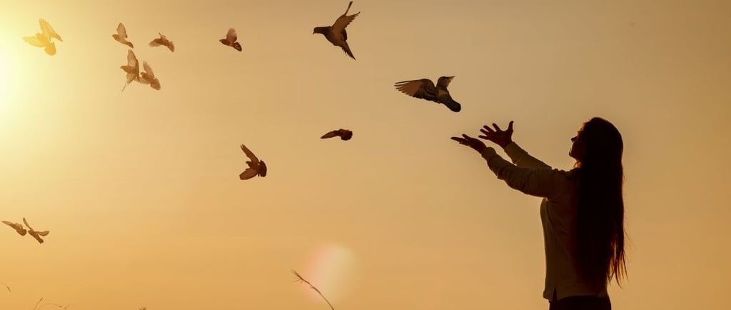 Mulher em pé em um por do sol, soltando pássaros no céu.
