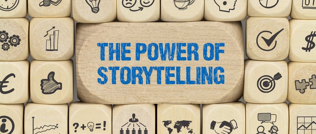 blocos de madeira formando a frase "o poder do storytelling"