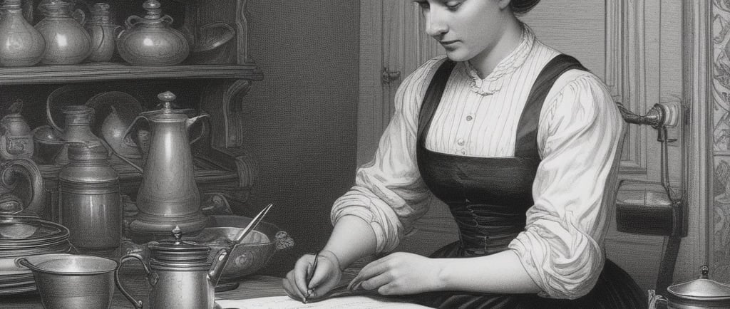 woman sat at table writing notes in a cookery book
