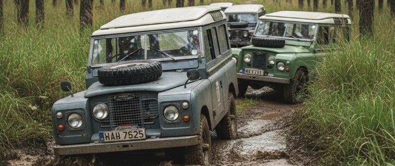 Mobil 4x4 Land Rover klasik melewati trek berlumpur yang dikelilingi pohon pinus