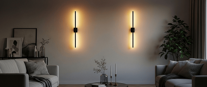Sala moderna com duas arandelas pretas iluminando a parede com luz quente indireta.