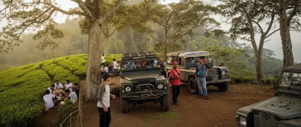 Aktivitas offroad Pangalengan, jeep Land Rover parkir di pinggir kebun teh