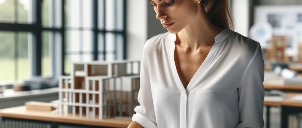a woman in a white blouse and black skirt is sitting at a table with architectural