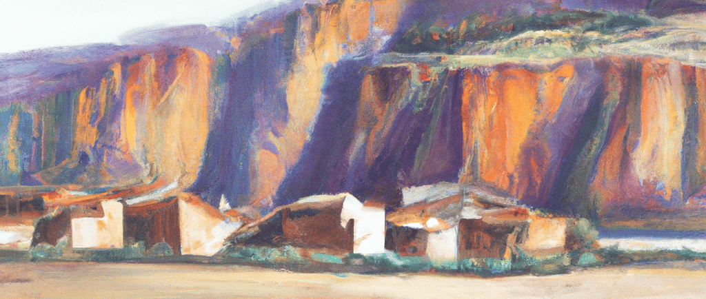 a painting of a mountain scene with a river and a mountain in the background