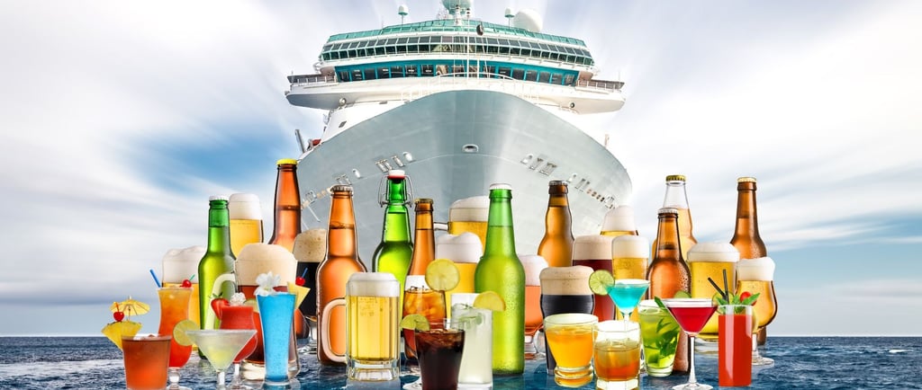 Variedade de bebidas a bordo do navio, mostrando a quantidade e diversidade disponíveis para os passageiros
