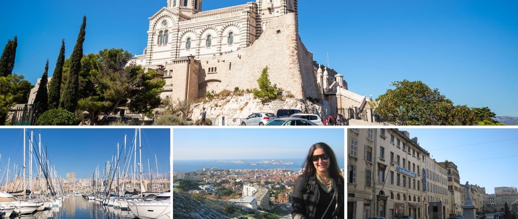 Colagem de Marselha mostrando a basílica Notre-Dame de la Garde, o Vieux-Port e o centro histórico da cidade.