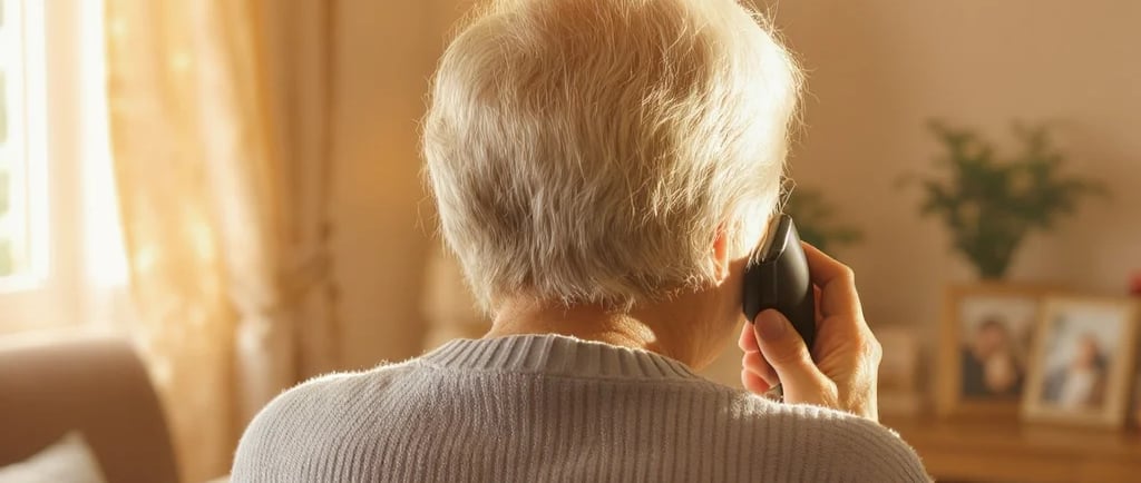 Warm, reassuring photo of a senior talking on the phone with their back turned towards the camera