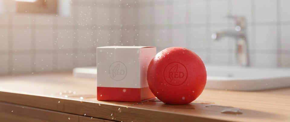 a red ball sitting on top of a wooden counter