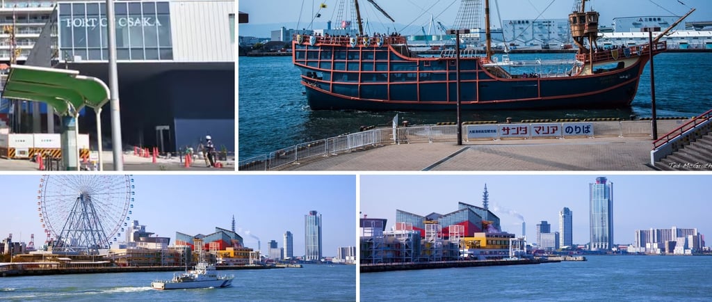 Ângulos do porto de Osaka mostrando cais, navios e movimentação marítima