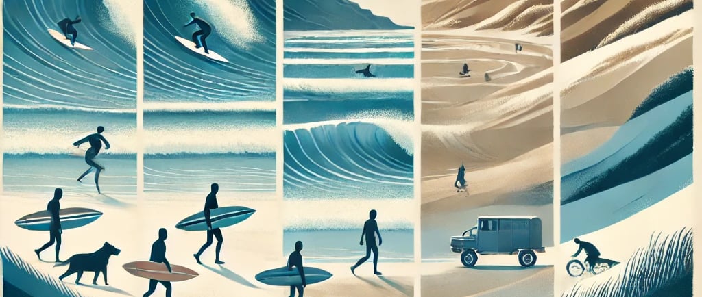 A minimalist illustration of Woolacombe throughout the year, depicting seasonal changes with the beach, sea, and surrounding 