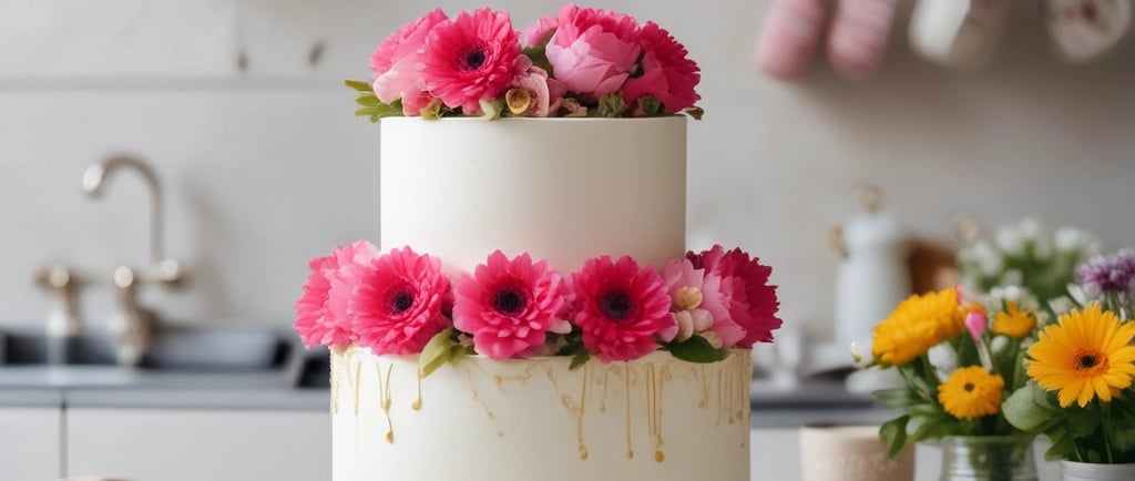 two tier white cake and deep pink flowers