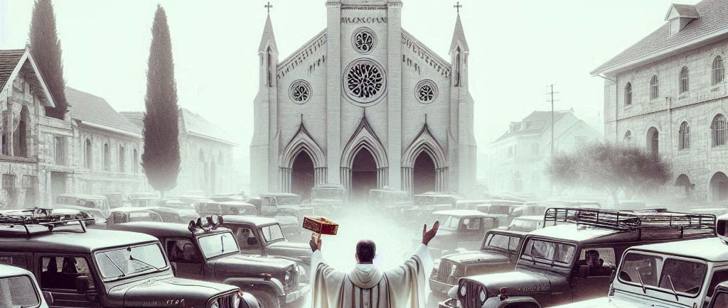a priest in a white robe standing in front of a church