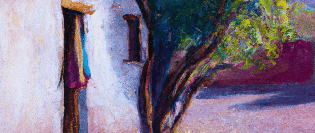 a painting of a house with a tree in the background