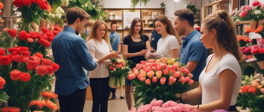 inside a luxury florist with staff and customers chatting
