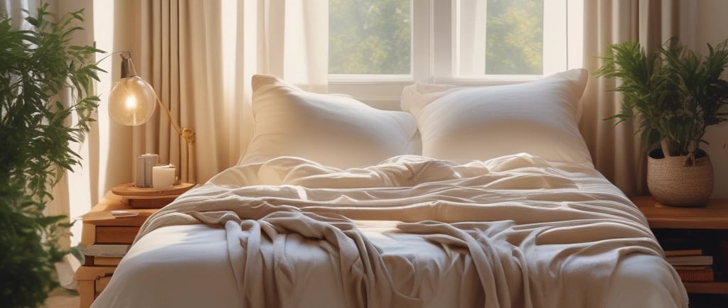 Non-toxic budget-friendly bedroom with cotton bedding, warm lighting, natural wood decor, and clean