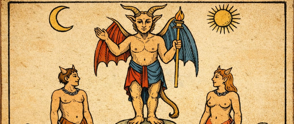 Carte du Diable du tarot de Marseille montrant deux personnages aux chaînes ouvertes