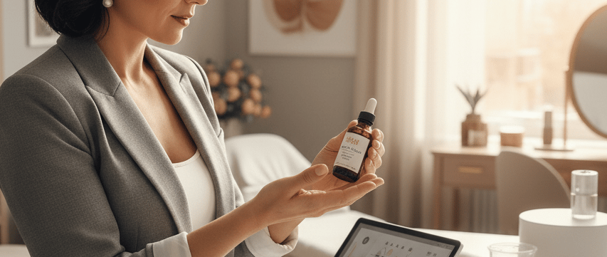 Propietaria de centro de belleza valorando muestras de cosmética con su marca propia en el envase