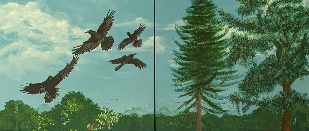 WIP photo of two of four canvas panels showcasing crow, trees, ibis, and a blue sky filled with clouds.