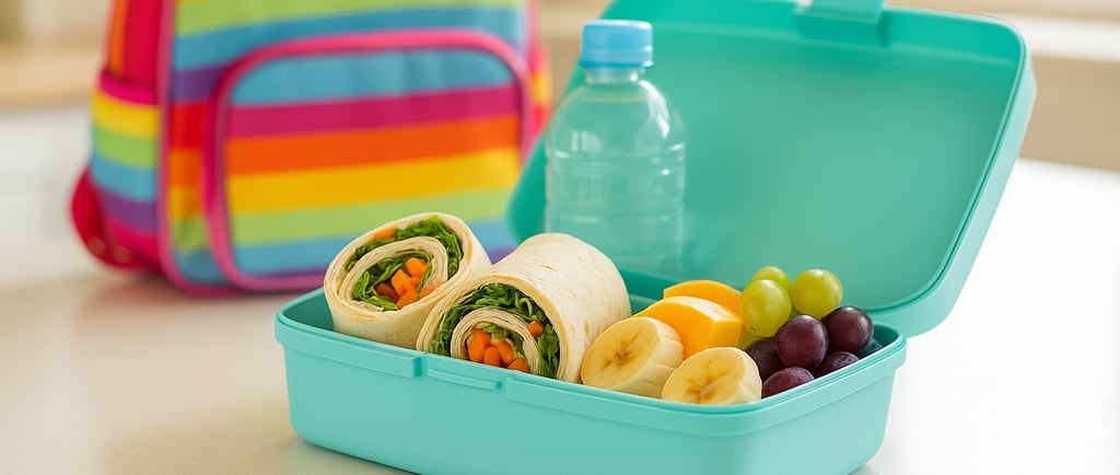 Open kids’ lunchbox on a bright kitchen counter with wraps, fruit, and a water bottle, backpack in t