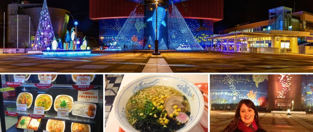 Noite em Osaka: movimentação urbana, restaurantes e o aquário ao fundo